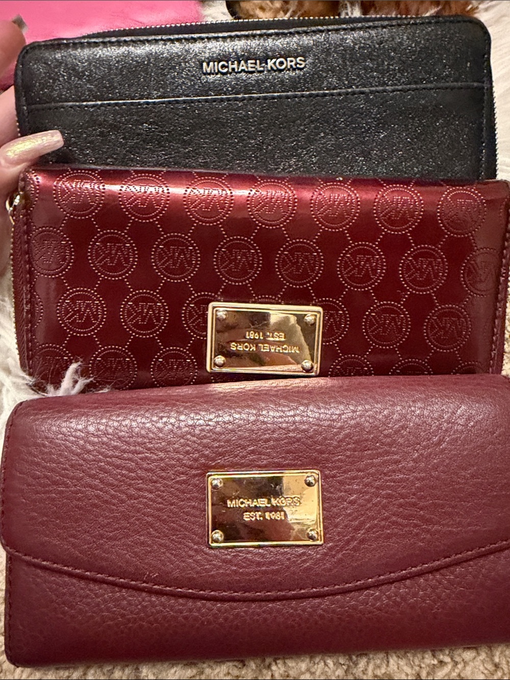 Michael Kors Black and Burgundy Leather Wallets Set 3